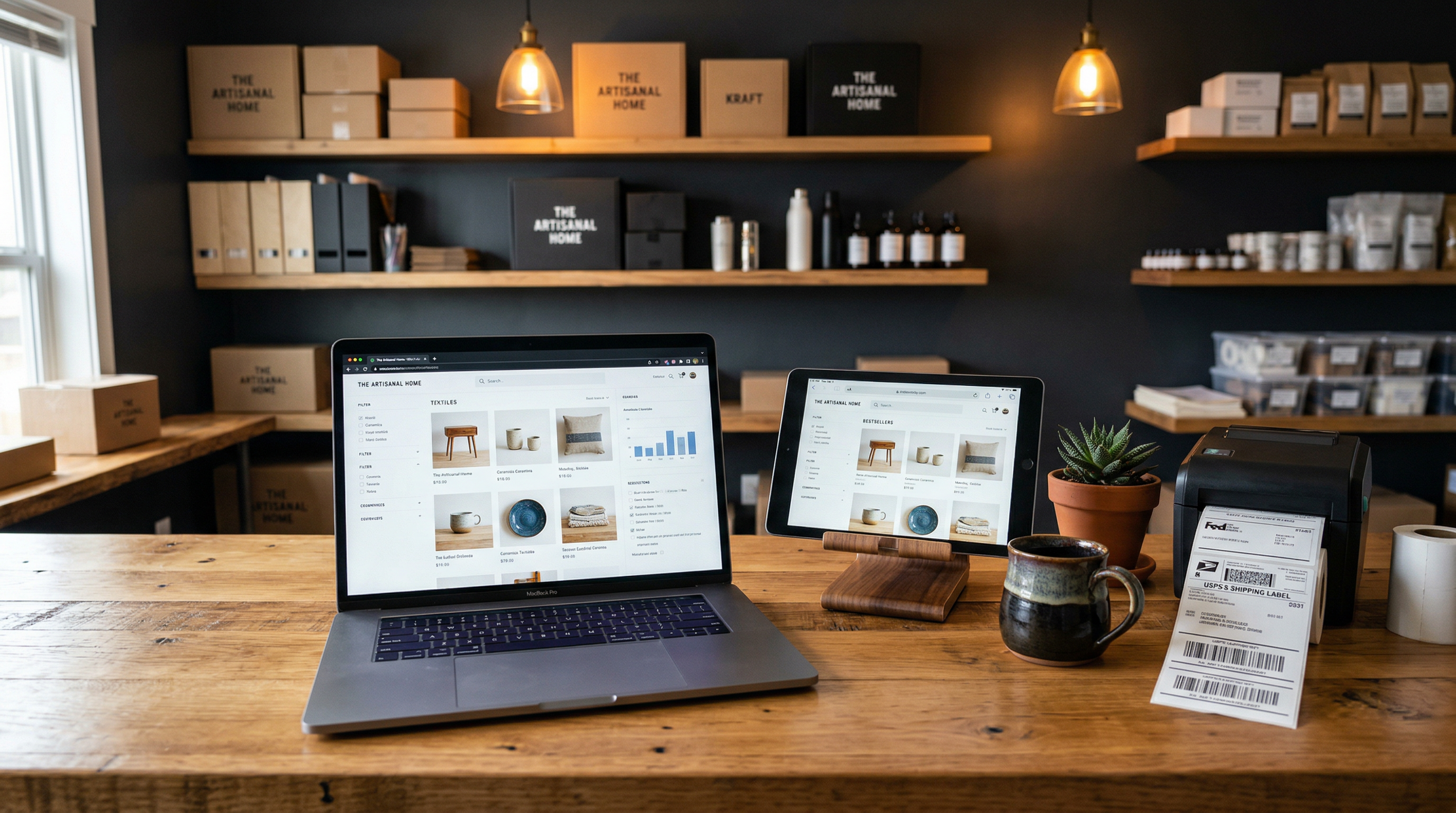 Modern workspace with laptop and tablet showing FFL website builder ecommerce interfaces