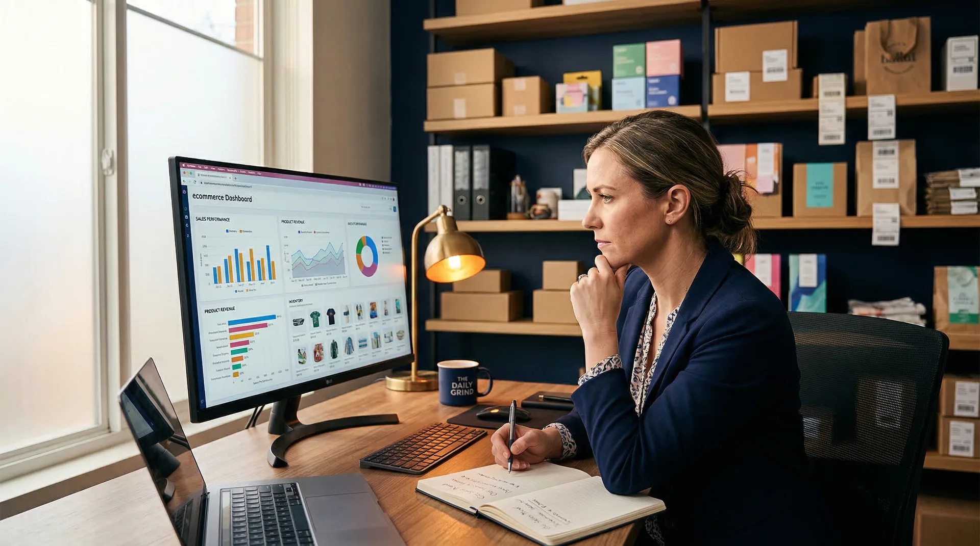 Business owner comparing firearms ecommerce platforms on a desktop monitor in a retail office